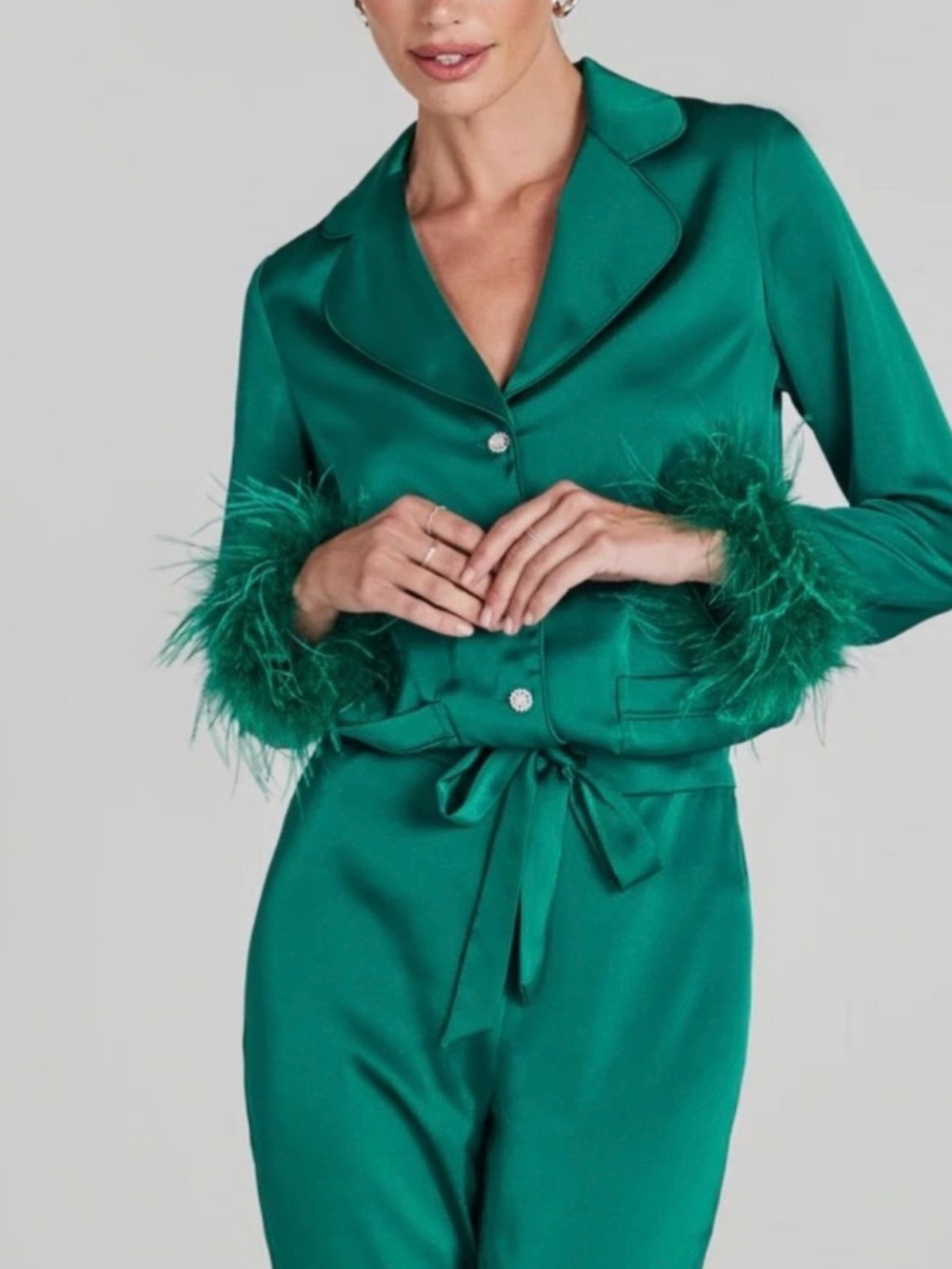 Nadine Merabi Darci Silky Emerald Feather-Trim Luxury Pajama set
